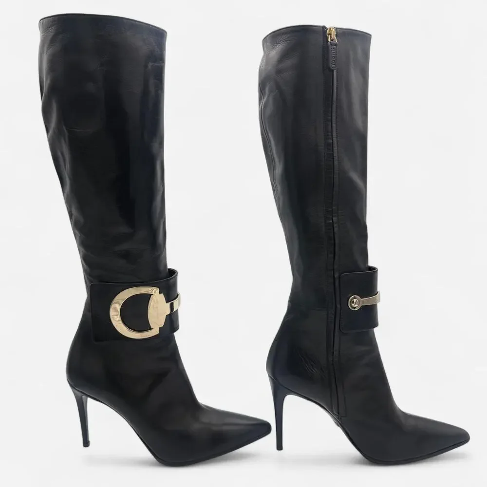 Vintage Gucci Black Leather Knee-high Boots with Horse Bit Detail